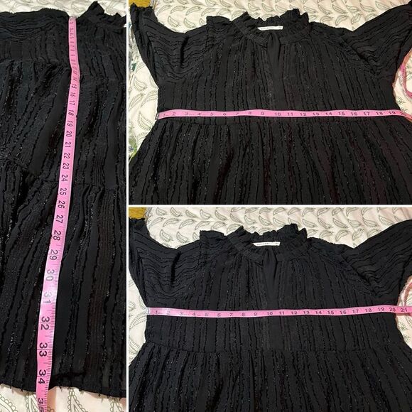 Ellison Black Textured Stripe Tiered Mini Dress Long Sleeves L - Picture 10 of 10